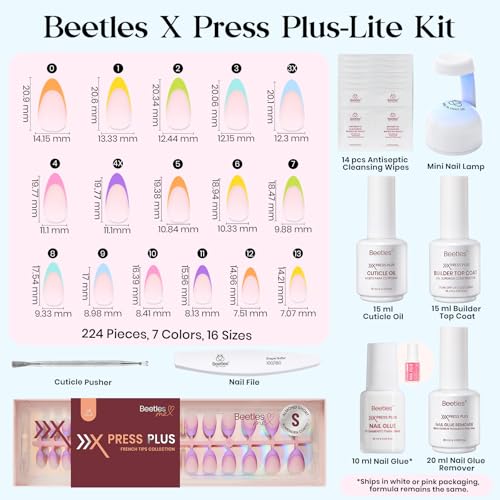 Image of Beetles X Press Summer Nails Kit: Short Almond French Tip Press On Nails Kit With 7 Colors 224Pcs Rainbow Nail Tips Nail Glue & Builder Top Coat Mini UV Light, All-in-One DIY Gift For Women 16 Sizes