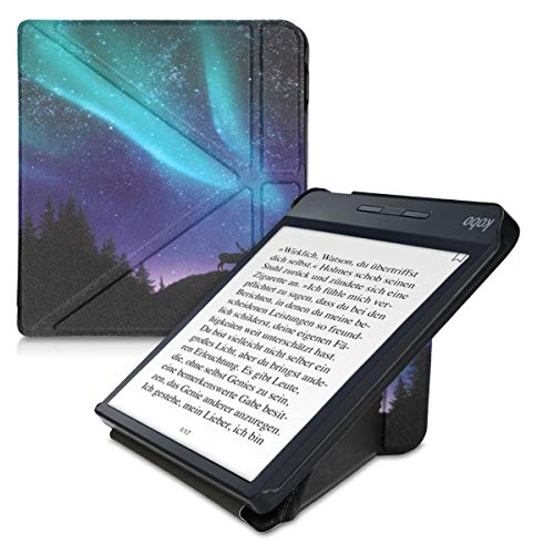kwmobile Origami Case Compatible with Kobo Libra H2O - Slim Premium PU Leather Cover with Stand - Aurora Turquoise/Blue/Black