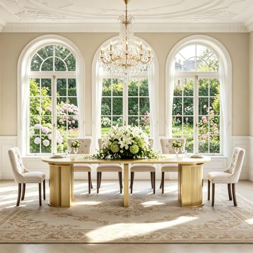 Image of 47in-118 in Extendable Dining Table for 4-12, Oval Expandable Kitchen Table | 5 Adjustable Lengths, Large Extra-Long Design, Natural Wood Grain Finish, Dual Hidden Storage Pedestal, Fluted Sliding Doors