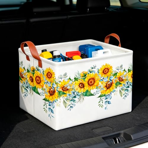 Image of CLOCOR Rectangular Storage Basket Empty,Gift Basket,Waterproof Storage Bin with Handles,Room Decor(Sunflower Rope)