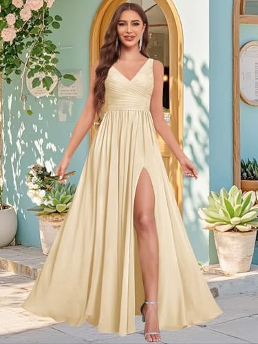 Fu Jiang Women's V Neck Bridesmaid Dresses for Wedding with Slit Chiffon Pleated Formal Evening Gowns4