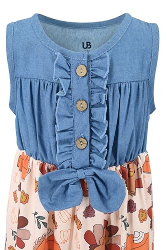 Image of Unique Baby Girls Sleeveless Denim Dress with Knot Tie and Fun Print for Toddler and Big Kids