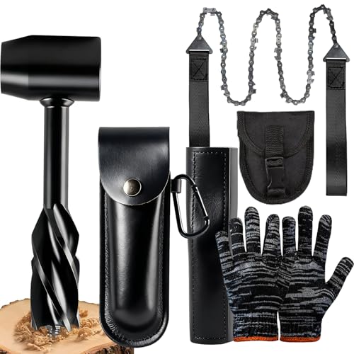 WhaleO Handbohrer Bushcraft, Handbohrer Holz mit Lederhülle,Holzbohrer Outdoor Bohrer Outdoor Survival mit Handkettensäge und Bushcraft Handschuhe für Bushcraft-Siedler,Camping Rucksackreisen, Schwarz