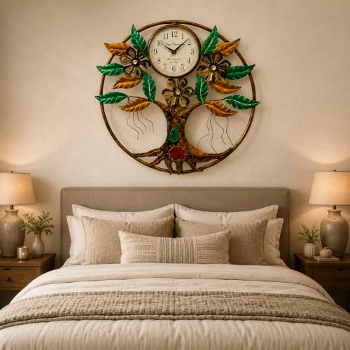 Image of Iron Multicolor Handpainted Tree of Life Metal Large Wall Clock Decorative Wall Hanging for Living Room Bedroom Home Decor Housewarming Gift (25 x 25 Inch)