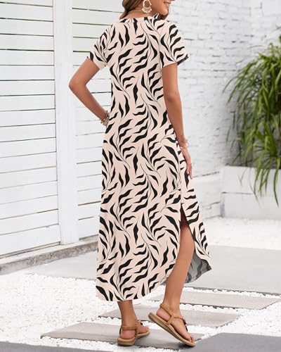 Image of MISFAY Women's Summer Maxi Dress 2026 Casual Short Sleeves V Neck Loose Sundress Split Long Beach T Shirt Dress