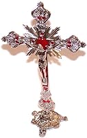 Vista 10 de Holy Land Market Crucifijo de mesa de altar, decoración para iglesia o hogar, esmalte adornado (12 pulgadas, dorado/blanco y rojo)