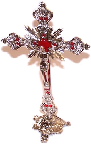 Miniatura 10 de Holy Land Market Crucifijo de mesa de altar, decoración para iglesia o hogar, esmalte adornado (12 pulgadas, dorado/blanco y rojo)