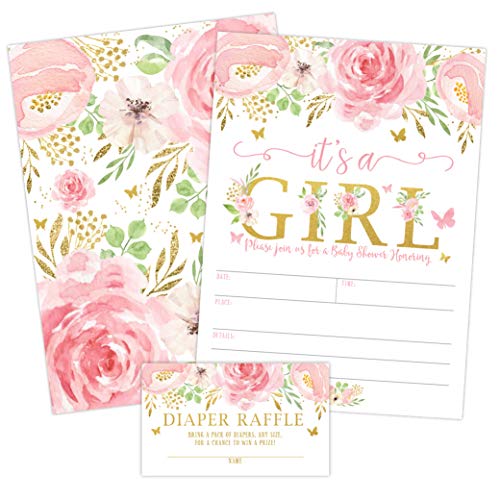 Your Main Event Prints It's a Girl Floral Butterfly Baby Shower Invitation - Pink and Gold Flowers Sprinkle Invites with Diaper Raffle Ticket Cards - Envelopes Not Included