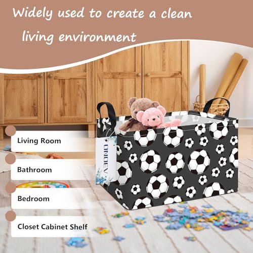 Image of Rectangular Soccer Laundry Storage Bin for Adults and Kids | Damp resistant canvas fabric, sturdy stitched carry handles, foldable design organizes closet and playroom daily supplies