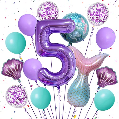 Mermaid Balloons Mermaid Party Decorations, Mermaid Tail Balloon 40 Inch Number 5 Foil Balloon purple 18" Mermaid Foil Balloons Set, for Girls 5th Birthday Decorations Mermaid Party Supplies