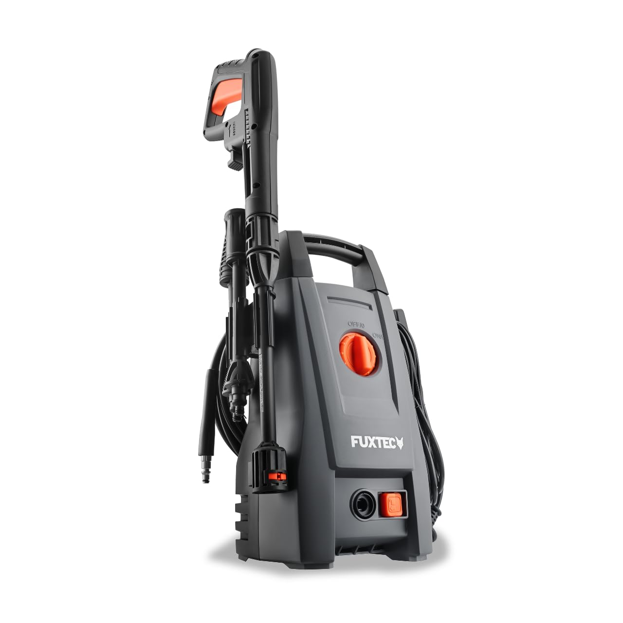 FUXTEC myjka wysokocisnieniowa FX-HDR1400, czyscik do powierzchni, 110 bar cisnienia roboczego, wydajnosc 390 l/h, moc 1400W, 5m waz wysokocisnieniowy i pistolet, waga 4,9 kg, w zestawie akcesoria