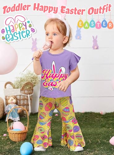 Image of Happy Easter Outfit for Toddler Girl - Cute Bunny Top Flutter Sleeve Shirts Colorful Rabbit Flare Pants Clothes Set
