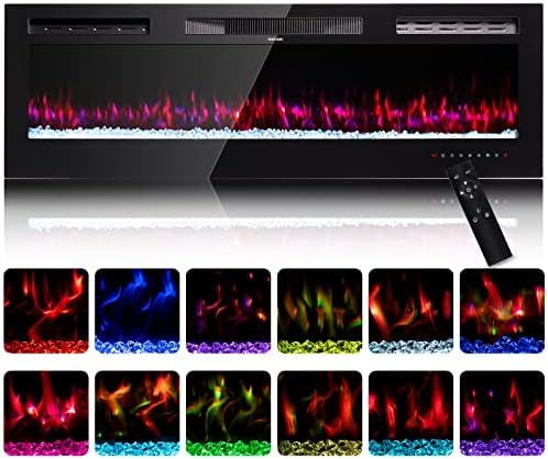 oneinmil 60" Electric Fireplace, Wall Mounted Recessed Electric Fireplace Insert with Remote Control and Touch Panel Control, Fireplace Heater with Adjustable Flame Color, Crystal Options, Black