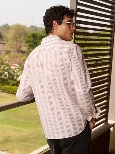 Image of The Souled Store Cotton Linen Stripes: Prism Men and Boys Long Sleeve Collared Neck Button Front Regular Fit Cotton Linen Shirt