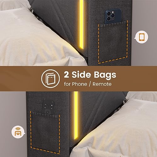 BTHFST Queen Bed Frame with RGB LED Lights Headboard & USB-C/A Charging Station, Modern Upholstered Platform Bed with Storage Drawers, Heavy Duty Steel Slats, No Box Spring Needed, Dark Gray
