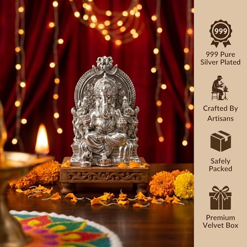 Image of Ganesha Silver Plated Ganesh Idol for Pooja Room | Home Decor | Office Desk | Ganpati Murti for Diwali Puja | Ganesh Chaturthi | Housewarming | Wedding | Festival | Corporate Gift | Mandir
