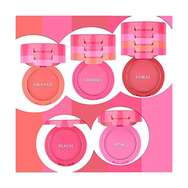 UCANBE 5 Colors Face Blusher Palette Waterproof Matte Long Lasting Lightweight Blush Powder Pink Coral Blushing Pallet with Brush Mirror Women Makeup Gift Set Kit