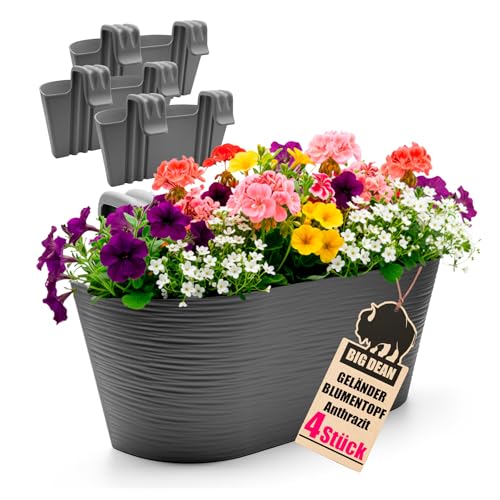 BigDean 4X Blumenkasten Balkongeländer 50cm Blumenkästen mit Wasserspeicher Balkonkasten mit Halterung Anthrazit mit Struktur