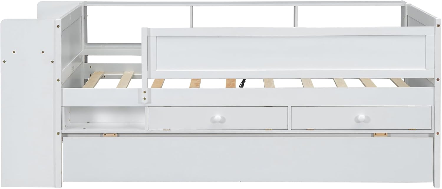Twin Size Daybed with Trundle, Study Desk and Storage Shelves, Pine Wood Captain Bed with Bookshelf Headboard, USB Port and Drawers for Kids Boys Girls, White