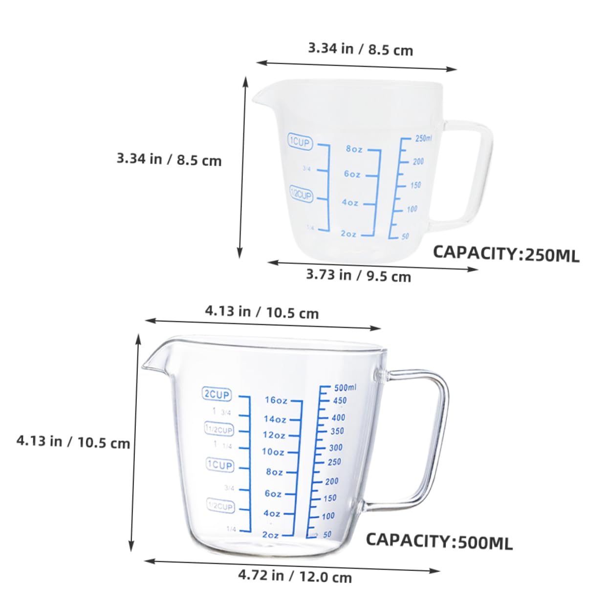 Tasses à Mesurer en Verre 3 Pièces 250ml et 500ml avec Poignée | Doseur Pratique, Design Confortable, pour Liquide et Espresso, Lot Adapté aux Usages la Cuisine