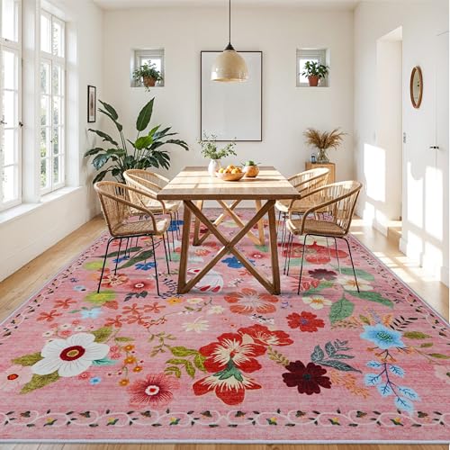RUUGME Washable 9x12 Area Rug - Large Boho Rugs for Living Room Kitchen Stain Resistant Carpet Vintage Tribal Rugs for Bedroom with Non Slip Backing Floor Decoration Mat 9x12 Flower Pink