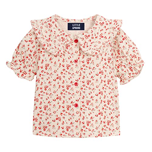 Image of LittleSpring Girls Short Sleeve Peter Pan Blouse with Elastic Cuffs