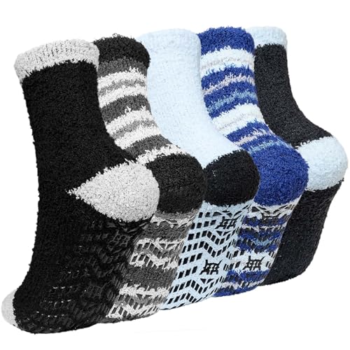 LOFIR Calcetines Invierno Antideslizantes para Hombre: Calcetines Térmicos para Dormir - Calcetines Calentitos y Gordos de Polar Coral Calcetines Suaves y Mullidos con Rayas Raya 43-46 5 Pares
