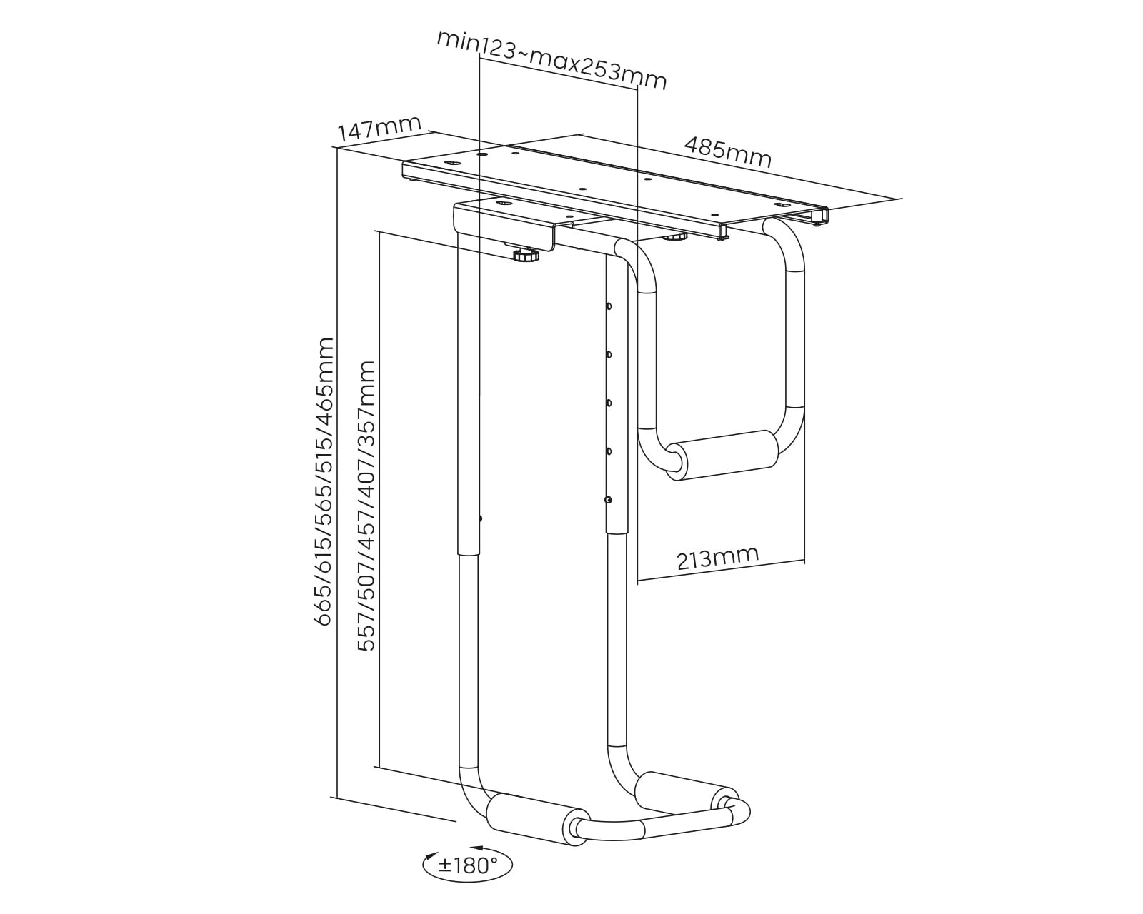 Heavy-Duty Untertisch-PC-Halterung mit Gleitschiene – 360° drehbar, für Gehäuse 123–253 mm, bis 30 kg