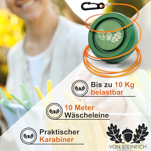 VON STEINEICH® Automatische Camping Wäscheleine [10m] Aufroll-Automatik | Ausziehbar & Unzerreißbar | Extrem kompakt, leicht und robust | Outdoor Wäscheleine