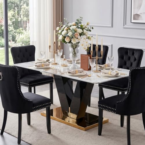 gopop Marble Dining Table,Modern Dining Room Table with Golden Stainless Steel Base,Marble Kitchen Table for 8 People,71'' Gold Dining Table Ideal for Living Room Home Office