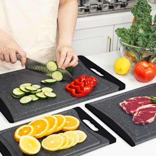 Image of Extra Large Cutting Boards, Plastic Cutting Boards for Kitchen (Set of 3) Cutting Board Set Dishwasher Chopping Board with Juice Grooves Easy-Grip Handles, Dark Grey, Empune
