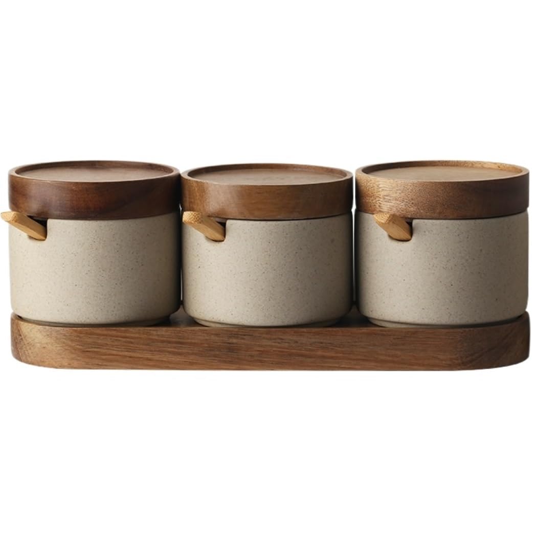 BCJMKDX Fermenter. Vintage Ceramic Condiment Container With Lid And Spoon Spice Jar Set For Salt Sugar(3pieces)