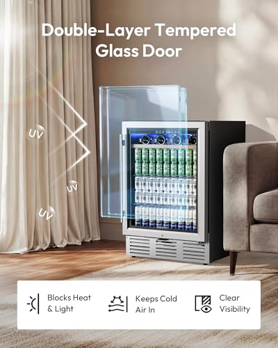 Image of EUHOMY 24 Inch Wine and Beverage Refrigerator, 112 Cans & 8 Bottles Built-in or Freestanding Beverage Refrigerator Double-Layer Glass Door, Under Counter Wine Fridge for Kitchen, Bar, Office