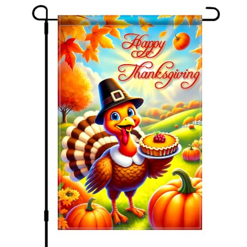 Image of BlissYard Happy Thanksgiving Turkey Garden Flag 12x18 Inch Fall Decor | Double sided polyester, Thanksgiving turkey pumpkin design, festive harvest decor for porch and yard