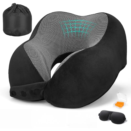 Image of Travel Neck Pillows for Airplanes Memory Foam Neck Pillow for Traveling Adjustable Travel Pillow for Sleeping, Airplane,Train, Car with Eye Mask, Earplugs, Carry Bag