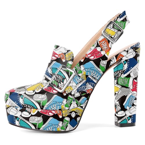 Image of Women's High Heel Loafers Platform Pumps Round Toe Heels Chunky Heel Pumps Stylish Comfortable 4.8 Inch Slingback Heels