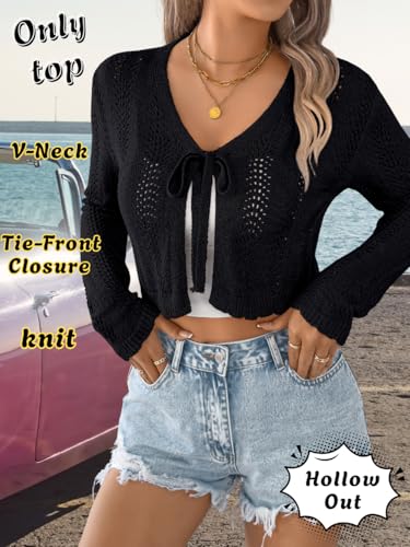 Womens Lightweight Cropped Crochet Cardigan, Tie Front V-Neck Hollow Out Cardigans, Casual Knit Tops2