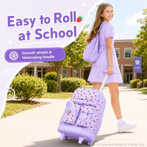 Image of CCJPX 3Pcs Rolling Backpack for Girls, Roller Wheeled School Bookbag, Strawberryra Wheels Backpacks with Lunch Box for Kids (Purple)