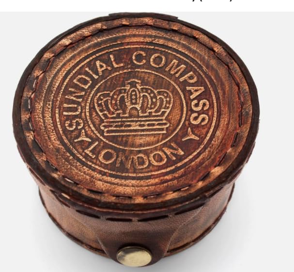 Brújula de bolsillo con reloj de sol de latón con estuche de cuero – Navegación marítima vintage coleccionable miniatura 4