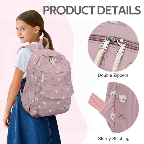 Chase Chic Corduroy Kids Backpack, Cute Aesthetic Plush Bookbag Casual Rucksack Daypack for School Toddler Girls Boys Pink Cat4