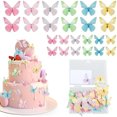 Tyqour 72Pcs Edible Butterfly Cake Decorations Colorful Vivid Butterfly Cake Topper Wafer Paper Butterflies Cupcake Toppers for Wedding Anniversary Baby Shower Birthday Party Decorating(Mix Color) Cover