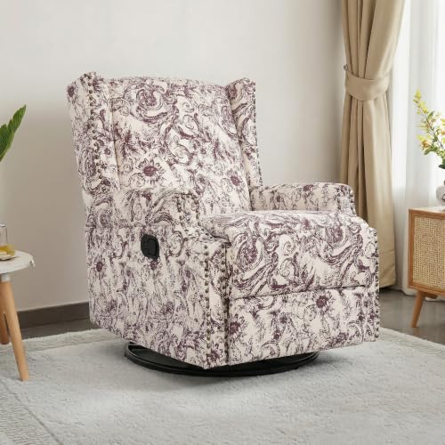 Image of Swivel Rocker Recliner Chair, 360 Swivel Wingback Recliner Chairs for Adults, Upholstered Glider Rocking Chair with High Back, Deep Seat for Living Romm Bedroom, Rococo Plum