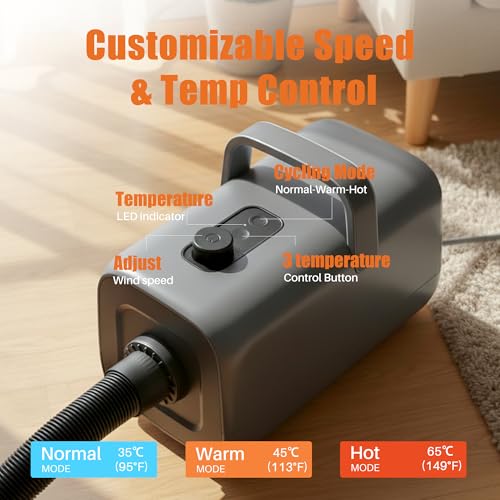 Image of NEWBULIG Dog Hair Dryer, 1550W High Velocity Pet Blow Dryer with Heater for Grooming, Speed Temperature Adjustable Dog Blower Grooming with 4 Nozzles, Grey