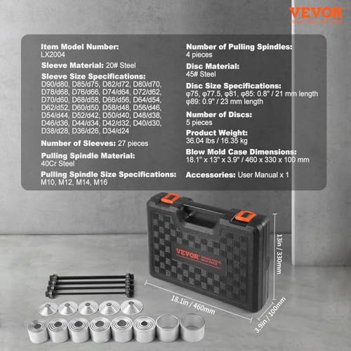 Image of VEVOR Pull and Press Sleeve Kit 36 PCS - Steel Bush Bearing Removal and Installation Set - Bush Removal Insertion Sleeve Tools with Carrying Case - Multi-Vehicle Compatibility for LCV and HGV Engines