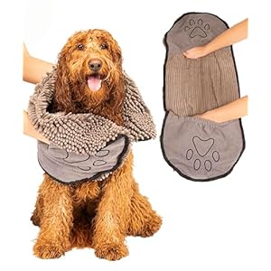 Dog Gone Smart The Dirty Dog Shammy – Fast Drying Plush Shammy Towel with Dual Hand Pockets and Elastic – Super Absorbent Microfiber and Machine Washable – Grey