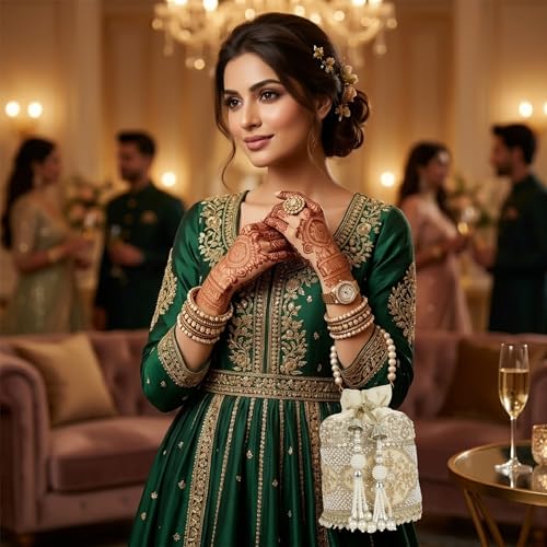 Image of Nevis Silk Fabric Luxury Pearl Embroidered Potli Bag for Women | Bridal Ethnic Drawstring Clutch with Beaded Handle Wedding