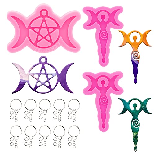 Kit de silicone de 33 peças de moldes de resina, 3 peças de moldes de silicone para moldes de fundição de resina epóxi com chaveiros para pingente de mochila de chaveiro, deusa da lua/estrela da lua,