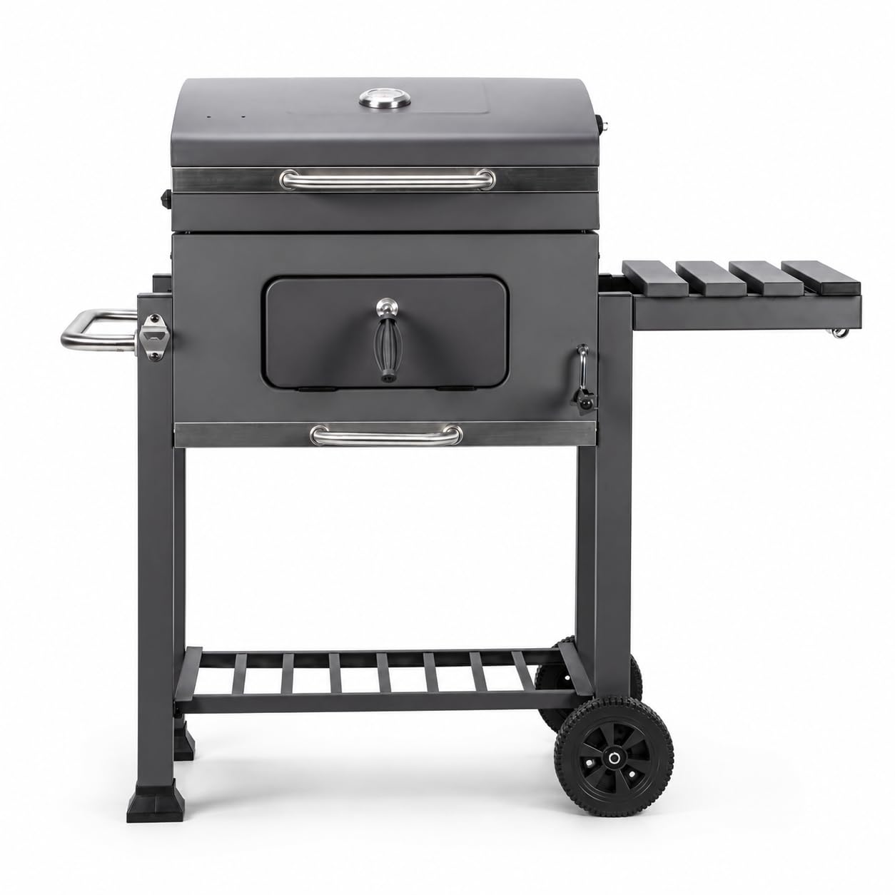 Barbacoa de carbón con tapa y ruedas – Parrilla amplia, mesas laterales, bandeja inferior, color negro, estructura resistente – Barbacoa para jardín y terraza Lorvik