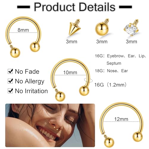 16G 18G G23 Titanium Septum Nose Rings for Men Women Horseshoe Septum Ring for Sensitive Skin Internally Threaded Lip Ring Spike Ball Cartilage Helix Daith Tragus Hoop Earring 8-12MM2