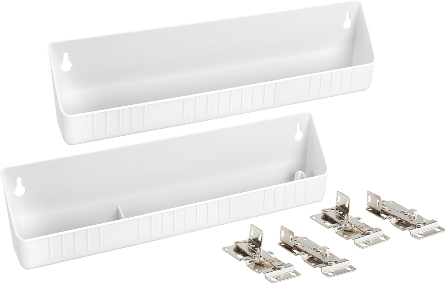 Two white plastic tip-out sink trays and four metal hinges